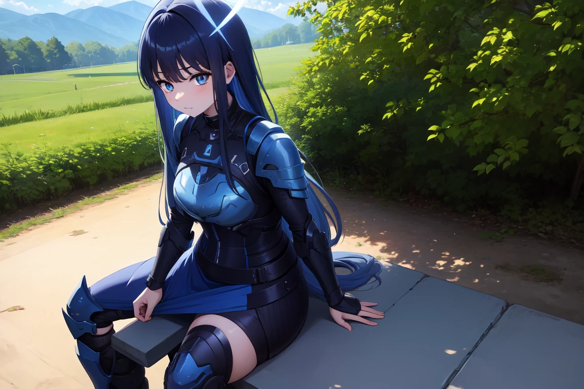 1girl,solo, saorijoumae, saori joumae, blue eyes, blue hair, halo, long hair, sitting, looking at viewer, adventurer clothes, light armor, outdoors