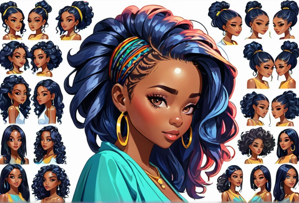 20 hair styles, girl,  African, animation  sprites(masterpiece best quality:1.2) delicate illustration ultra-detailed, illustrations, bright, colourful, 