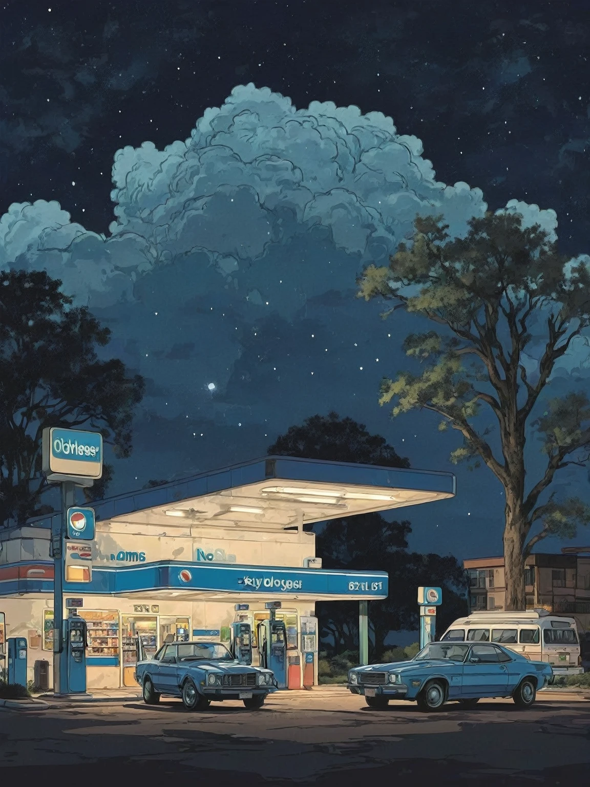 illustration with outline, , outdoors, sky, cloud, tree, blue sky, no humans, window, night, building, night sky, scenery , a car parked in front of a gas station, 