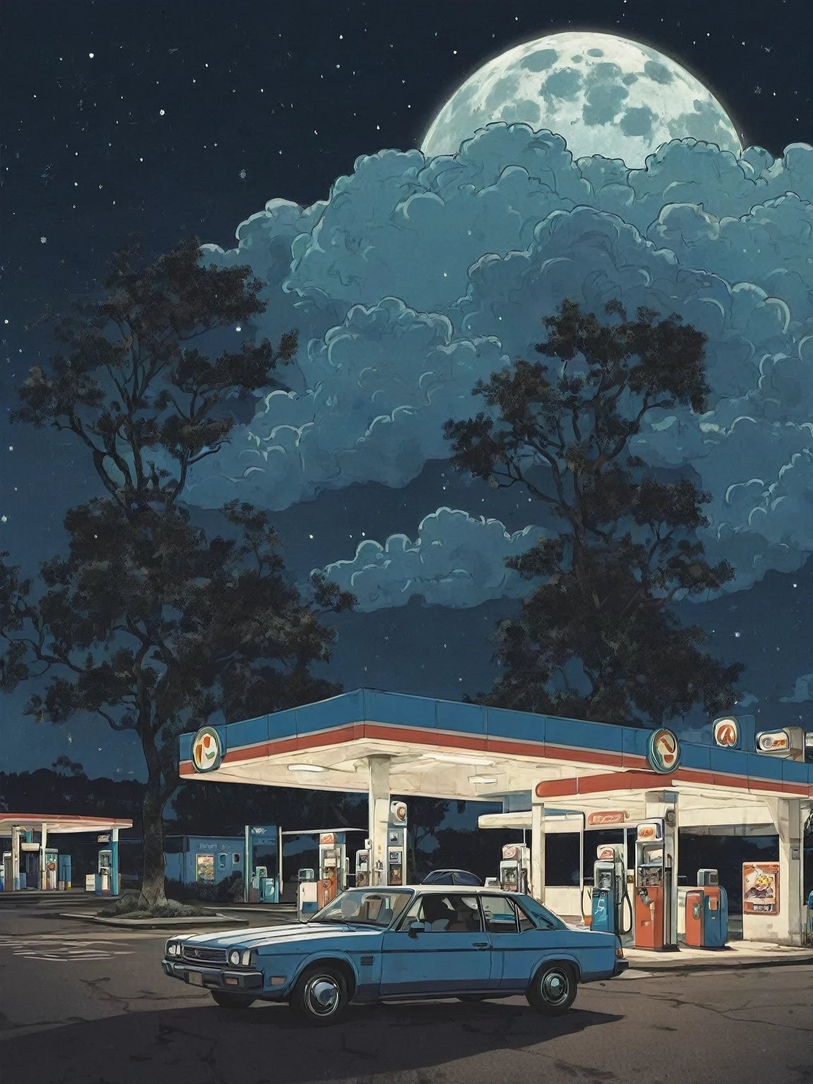 illustration with outline, , outdoors, sky, cloud, tree, blue sky, no humans, window, night, building, night sky, scenery , a car parked in front of a gas station, 