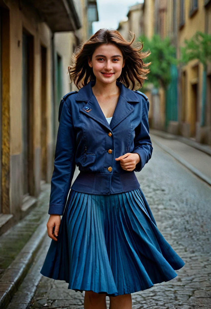 A smiling, authentic, (shy:1,3), kind, beautiful woman, is passionately in love with her skirt, wind lifts her skirt, wearing uniform jacket and very, very detailed (long (fully pleated) full circle skirt) and (low heeled court shoes), very, very intricate hyper-detailed symmetric (attractive graceful young feminine face) with (sad, tired eyes and a loving smile), very voluptuous breasts, full of empathy and compassion and love, (pronounced (feminine) features), (highly detailed ultra accurate realistic) hands and fingers, (windy), epic composition, highly detailed attributes, (35mm f1.4 Kodak portra 400 photograph), extremely high quality RAW photograph, highly detailed atmosphere, sci-fi, cinematic shot, dynamic lighting, 75mm, Technicolor, Panavision, cinemascope, sharp focus, fine details, 8k, HDR, realism, realistic, key visual, film still, superb cinematic color grading, depth of field