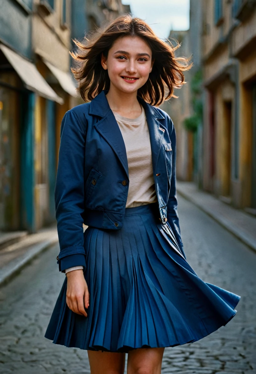 A smiling, authentic, (shy:1,3), kind, beautiful woman, is passionately in love with her skirt, wind lifts her skirt, wearing uniform jacket and very, very detailed (long (fully pleated) full circle skirt) and (low heeled court shoes), very, very intricate hyper-detailed symmetric (attractive graceful young feminine face) with (sad, tired eyes and a loving smile), very voluptuous breasts, full of empathy and compassion and love, (pronounced (feminine) features), (highly detailed ultra accurate realistic) hands and fingers, (windy), epic composition, highly detailed attributes, (35mm f1.4 Kodak portra 400 photograph), extremely high quality RAW photograph, highly detailed atmosphere, sci-fi, cinematic shot, dynamic lighting, 75mm, Technicolor, Panavision, cinemascope, sharp focus, fine details, 8k, HDR, realism, realistic, key visual, film still, superb cinematic color grading, depth of field