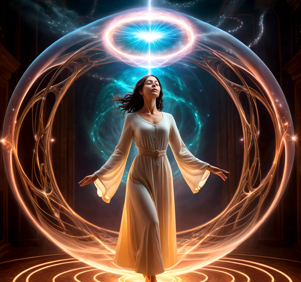 a woman levitating in a surreal, dreamlike environment, realistic, photorealistic, highly detailed, full action poses. surrounded by glowing magnetic energy fields, ethereal, otherworldly, warm color palette, dramatic lighting, cinematic composition¡Descubre los Secretos de la Levitación Magnética!