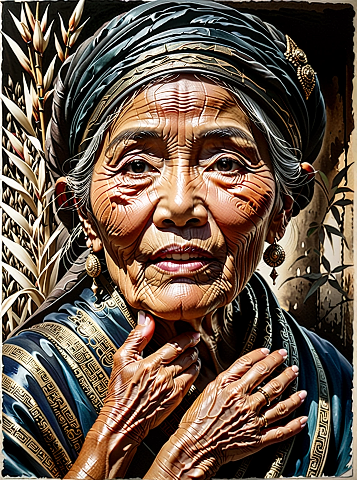 Seitenansicht einer alten asiatischen Frau&#39;Gesicht(Thai-Stil)I&#39;Ich bin traurig, weil ich&#39;Ich bin von etwas enttäuscht...,Aquarell,abstrakte Kunst,stark übertrieben