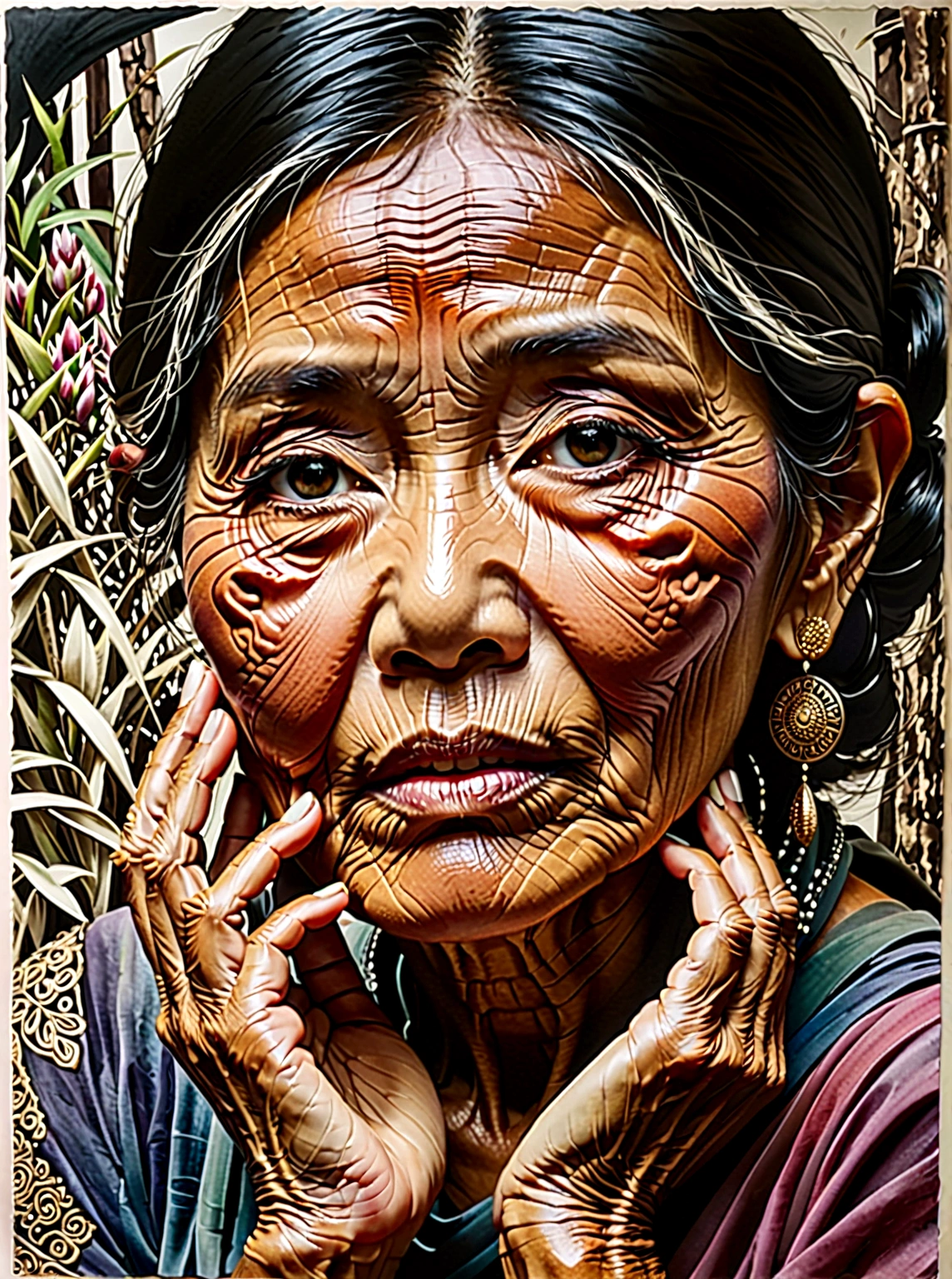 Seitenansicht einer alten asiatischen Frau&#39;Gesicht(Thai-Stil)I&#39;Ich bin traurig, weil ich&#39;Ich bin von etwas enttäuscht...,Aquarell,abstrakte Kunst,stark übertrieben