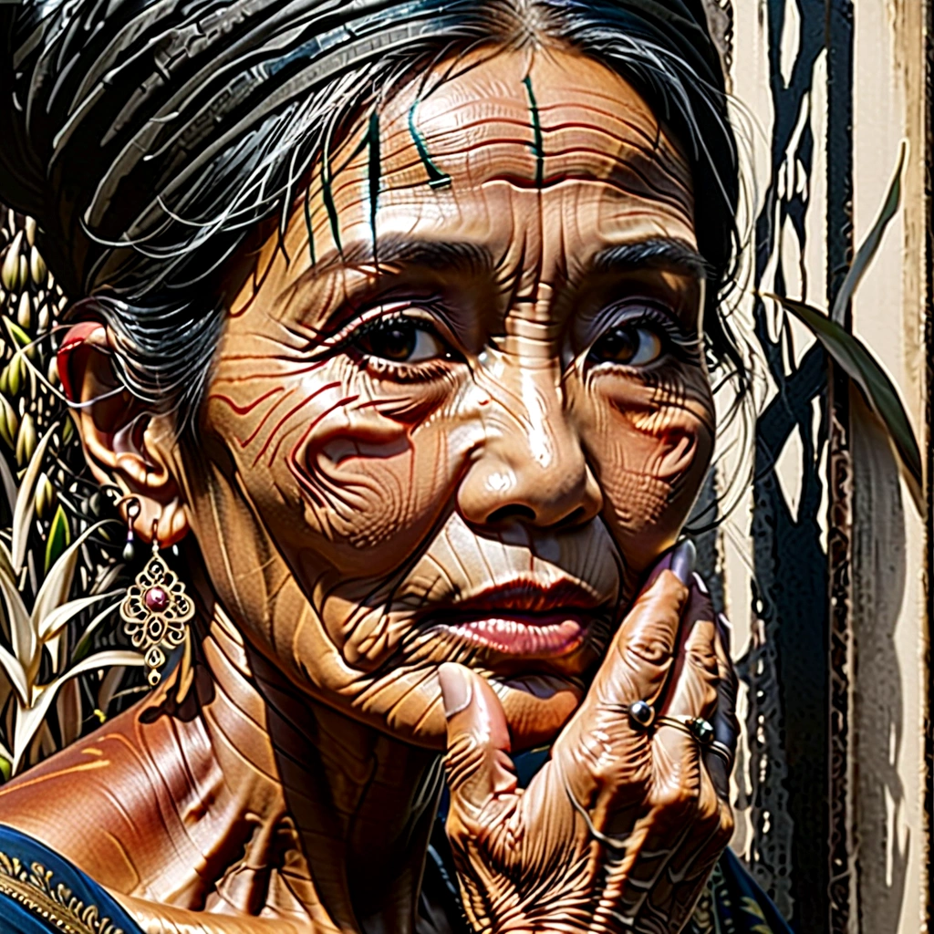 Seitenansicht einer alten asiatischen Frau&#39;Gesicht(Thai-Stil)I&#39;Ich bin traurig, weil ich&#39;Ich bin von etwas enttäuscht...,Strichzeichnungen - schwarze Tinte,abstrakte Kunst,stark übertrieben