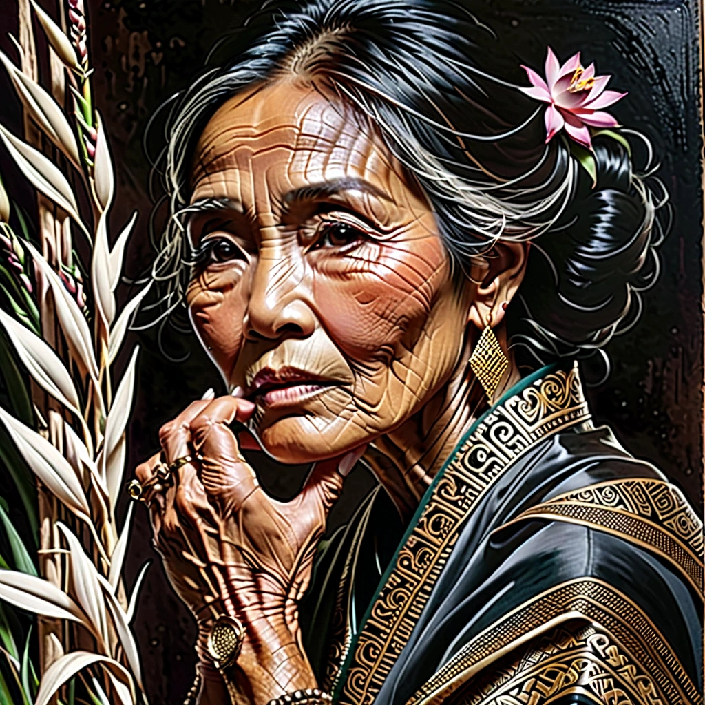 Side view of an old Asian woman&#39;face(Thai style)I&#39;m feeling sad because I&#39;Iผิดหวังกับบางสิ่งบางอย่าง..,Line art - black ink,abstract art,greatly exaggerated