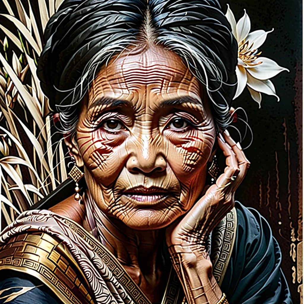 Side view of an old Asian woman&#39;face(Thai style)I&#39;m feeling sad because I&#39;Iผิดหวังกับบางสิ่งบางอย่าง..,Line art - bl...