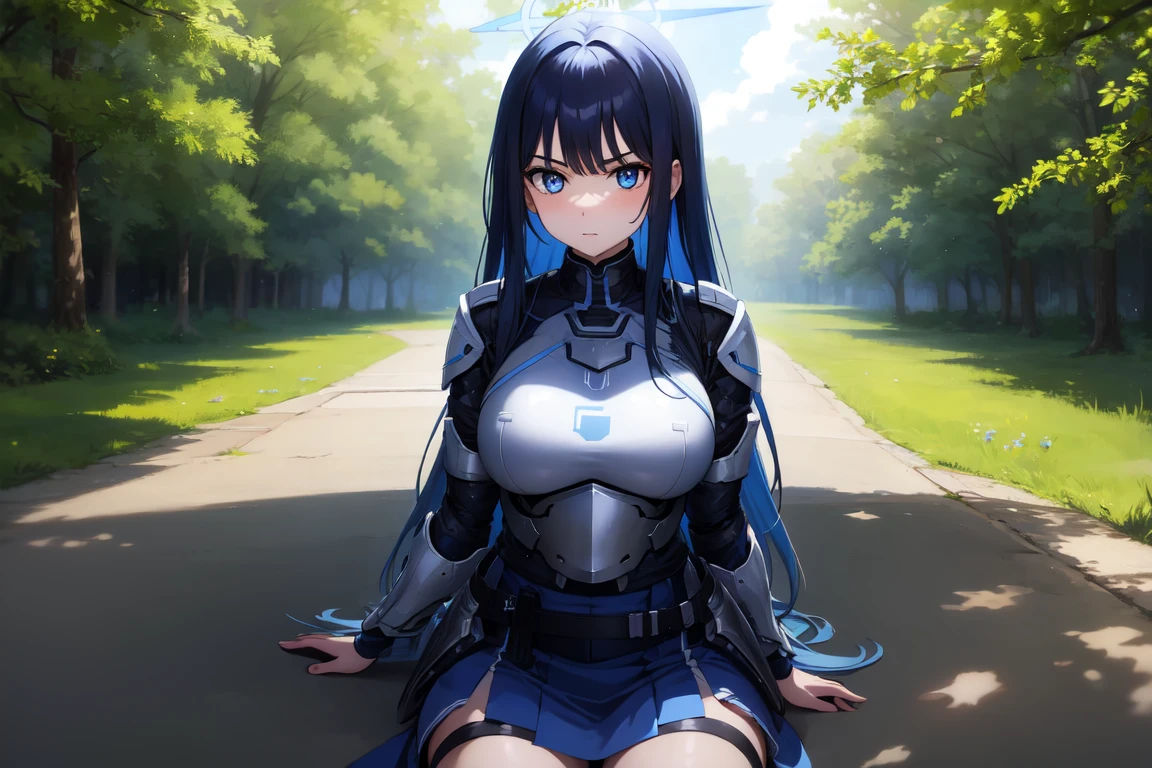 1girl,solo, saorijoumae, saori joumae, blue eyes, blue hair, halo, long hair, sitting, looking at viewer, adventurer clothes, light armor, outdoors, upper body