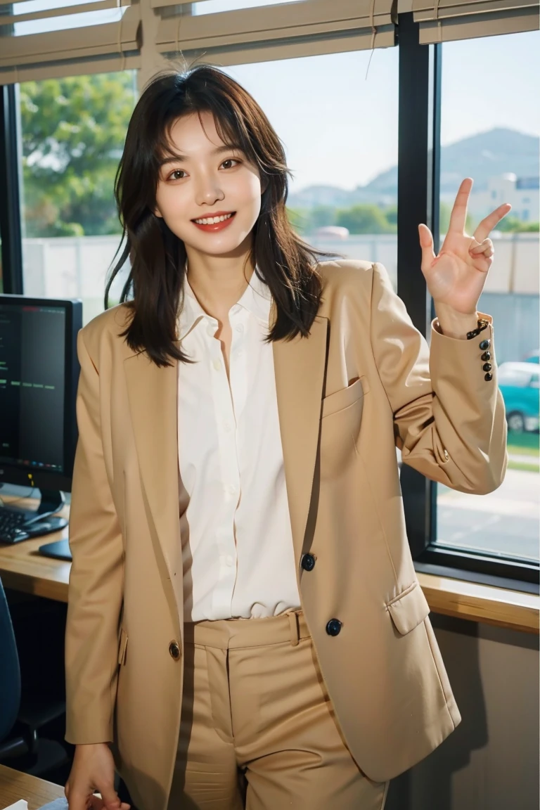 Woman in her early 20s,alone, Natural smile with visible teeth, office lady, business suit , Use your palm to navigate the menu on the side, View your viewers