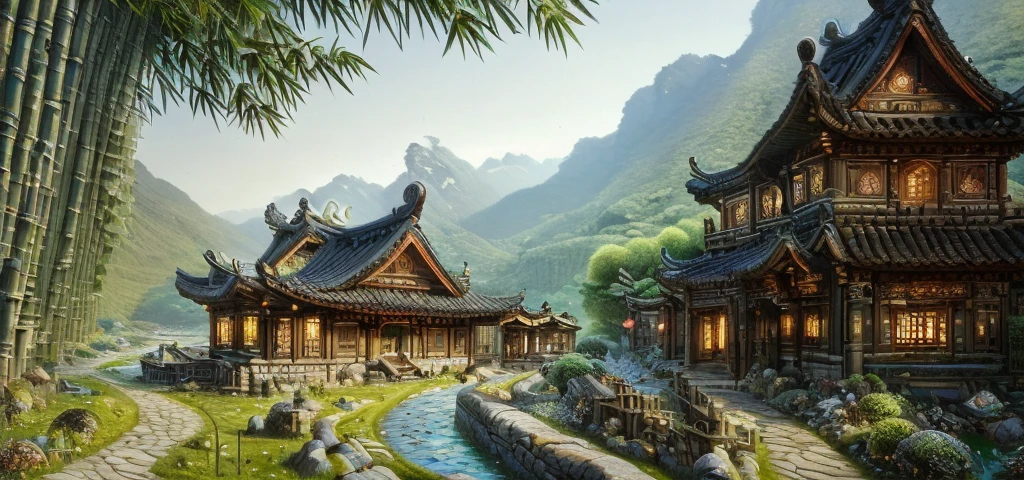 Highest quality，Chinese Ink Painting，antiquity,Rural buildings between mountains and rivers，Rectangular architecture，People view，Glass facades，Clean sky，Clean glass，Trees，Soft sunlight，Decorative Arts，Sloped roof，Best quality,Architectural Photography,Photorealism,Hyperrealism,Ultra Detailed，V-ray，（architectural design）