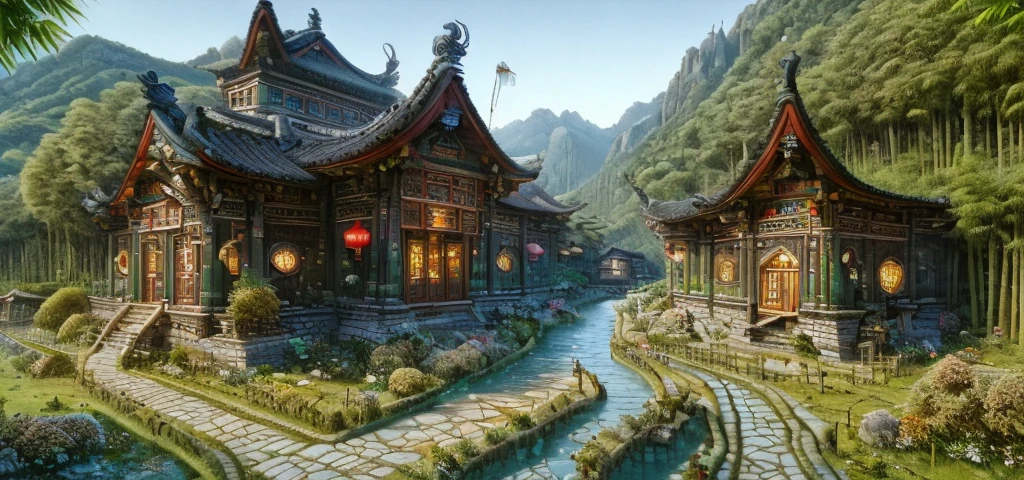 Highest quality，Chinese Ink Painting，antiquity,Rural buildings between mountains and rivers，Rectangular architecture，People view，Glass facades，Clean sky，Clean glass，Trees，Soft sunlight，Decorative Arts，Sloped roof，Best quality,Architectural Photography,Photorealism,Hyperrealism,Ultra Detailed，V-ray，（architectural design）