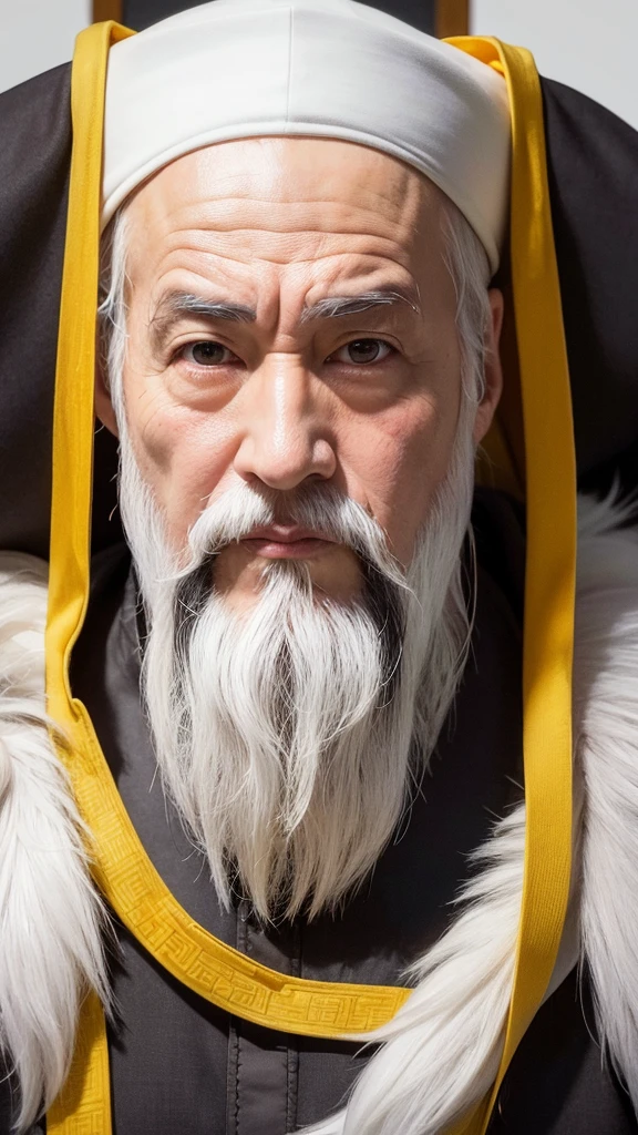 Antigo pensador chinês Confúcio Traje amarelo Barba branca fina Expressão severa Olhando para você