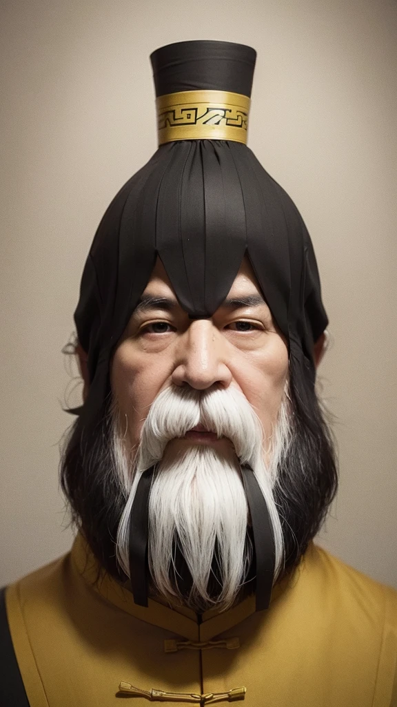 Antigo pensador chinês Confúcio Traje amarelo Velho esguio Barba branca fina Expressão severa Olhando para cá