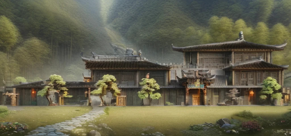 Highest quality，Chinese Ink Painting，antiquity,Rural buildings between mountains and rivers，Rectangular architecture，People view，Glass facades，Clean sky，Clean glass，Trees，Soft sunlight，Decorative Arts，Sloped roof，Best quality,Architectural Photography,Photorealism,Hyperrealism,Ultra Detailed，V-ray，（architectural design）