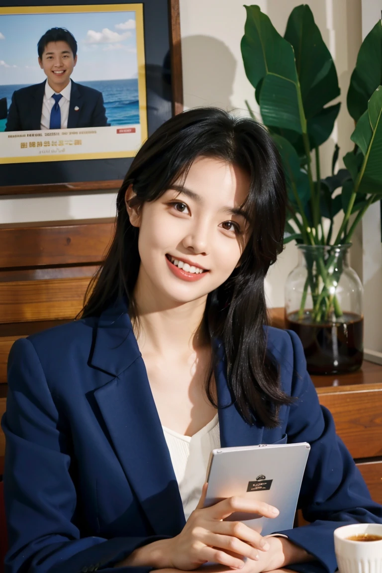 Woman in her early 20s,alone, Natural smile with visible teeth, Navy business suit , Use your palm to navigate the menu on the side, View your viewers