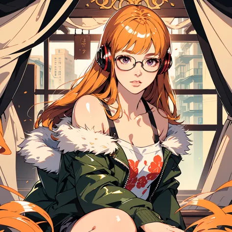 masutepiece, Best Quality, hight resolution, 1girl in, futaba sakura, Blunt bangs, eye glassesの, Burakku Frame Eyewear, Ahoge,or...