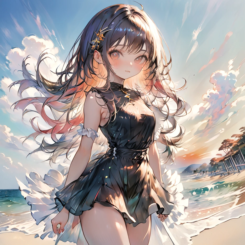 1girl, japanese, flat chest, ((undressing)), (full body), snapshot, wind, bangs, nipples, black eyes, summer dress, mole, shiny skin, masterpiece, best quality, ultra quality, high quality, realistic, photo realistic, RAW photo, hyper detailed, intricate detailed, film grain, summer, beach, sunset,