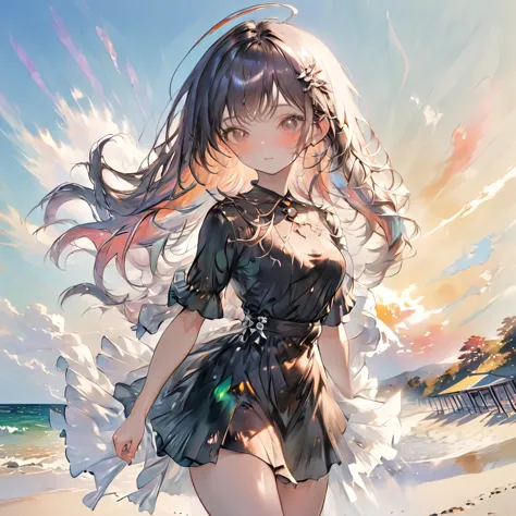 1girl, japanese, flat chest, ((undressing)), (full body), snapshot, wind, bangs, nipples, black eyes, summer dress, mole, shiny ...