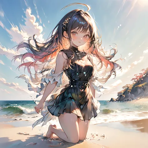 1girl, japanese, flat chest, ((undressing)), (full body), snapshot, wind, bangs, nipples, black eyes, summer dress, mole, shiny ...