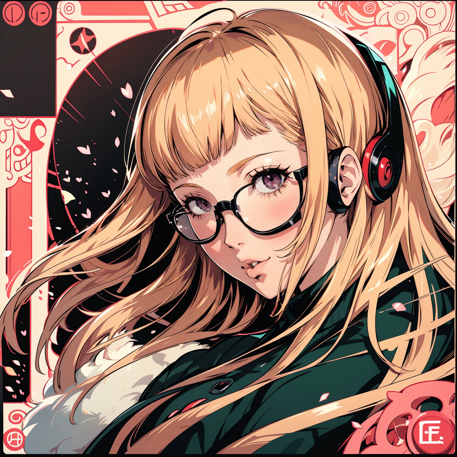 masutepiece, Best Quality, hight resolution, 1girl in, futaba sakura, Blunt bangs, eye glassesの,purple eyes , Ahoge,orange color hair、 eye glassesの, headphones, bura, Jacket, off shoulders, Fur trim, fur-trimmed jacket, Green jacket, Shorts, ,the golden hour,A smile that showed teeth、1black cat、tea shop、On the counter、Coffee、futaba sakura、Purple eyes、orange color hair、eye glasses、,​masterpiece、top-quality、Official art、illustratio、ligne claire、(Cool_Farbe)、perfect-composition、focal、acurate, Anatomically correct、 、hight resolution, Beautiful detailed glow, masutepiece*Portrait, 3D Face, Realistic, (masutepiece: 1.3), (max resolution: 1.2), (Ultra HDTV: 1.2), cinematric light, 8K resolution, phi ,​masterpiece、top-quality、Ultra Detail、(((shiny lips: 1.4)))Beautiful face, acurate, Anatomically correct, phiAlways detailed face and skin texture, Detailed eyes, Double eyelids, tThin eyebrows、 pale skin, Lustrous skin all over the body, Perfect face,Always detailed face and skin texture, Detailed eyes, Double eyelids, Thin eyebrows,Natural cheeks, Glossy skin, Fair skin: 1.2, (Glossy lips: 1.4), (((The most beautiful girl)))、(((beautiful a girl)))、（little blush）、（Beautiful face）、 Delicate and beautiful hair, Delicate and beautiful eyes and face, (Beautiful gorgeous cute western woman:1.3),)(((Very Beautiful face))))(((long lashes))))(((Circular twinkling eyes)))(((Glossy and glossy lips))) (((Cheeks with a slight reddish tinge:0.8)))(((Neat and straight nose bridge)))、(((Cowboy Shot)))crouching cowgirl,