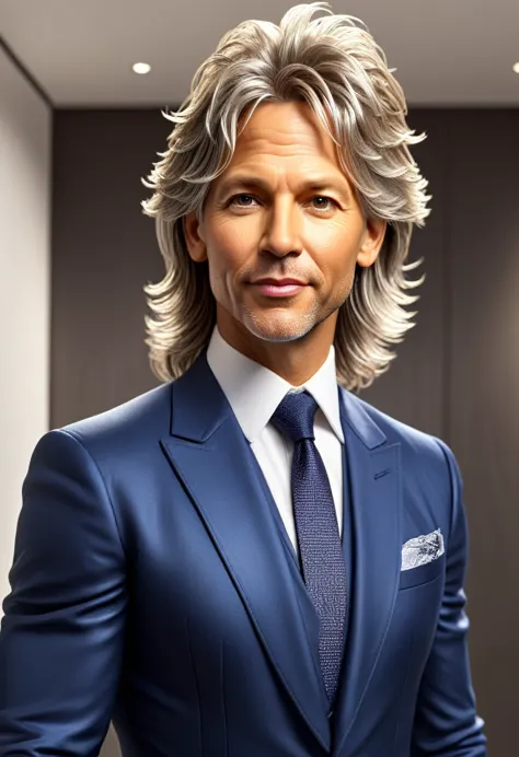 A man called Lineker, 45 years old, with light hair and brown eyes, whose face resembles singer Jon Bon Jovi. He's facing the ca...