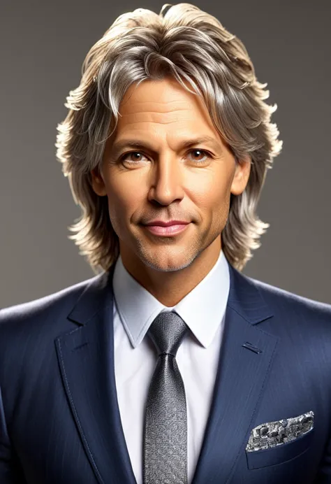 A man called Lineker, 45 years old, with light hair and brown eyes, whose face resembles singer Jon Bon Jovi. He's facing the ca...