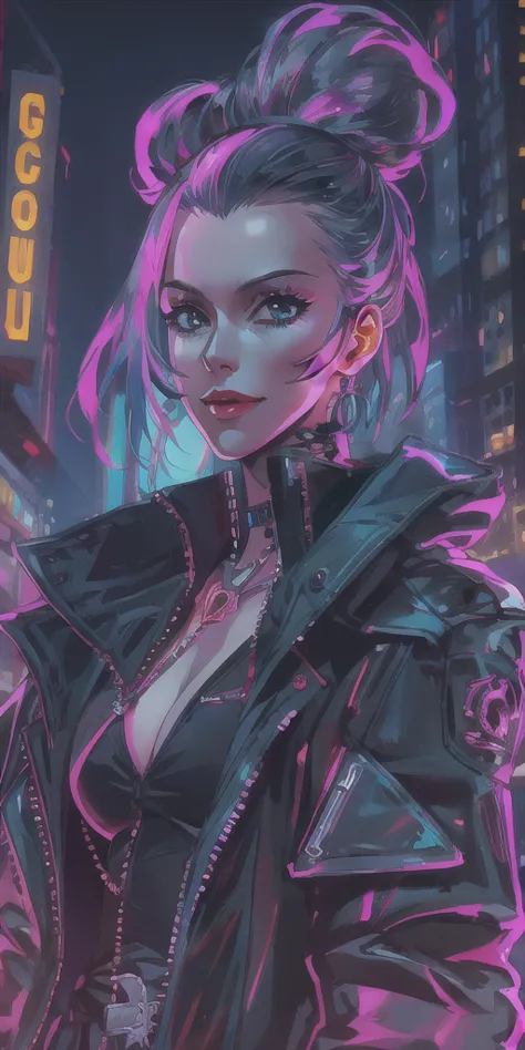 A beautiful cyberpunk girl with a demonic smile in a futuristic neon-lit city, long black coat, open shirt, detailed ribcage, sk...