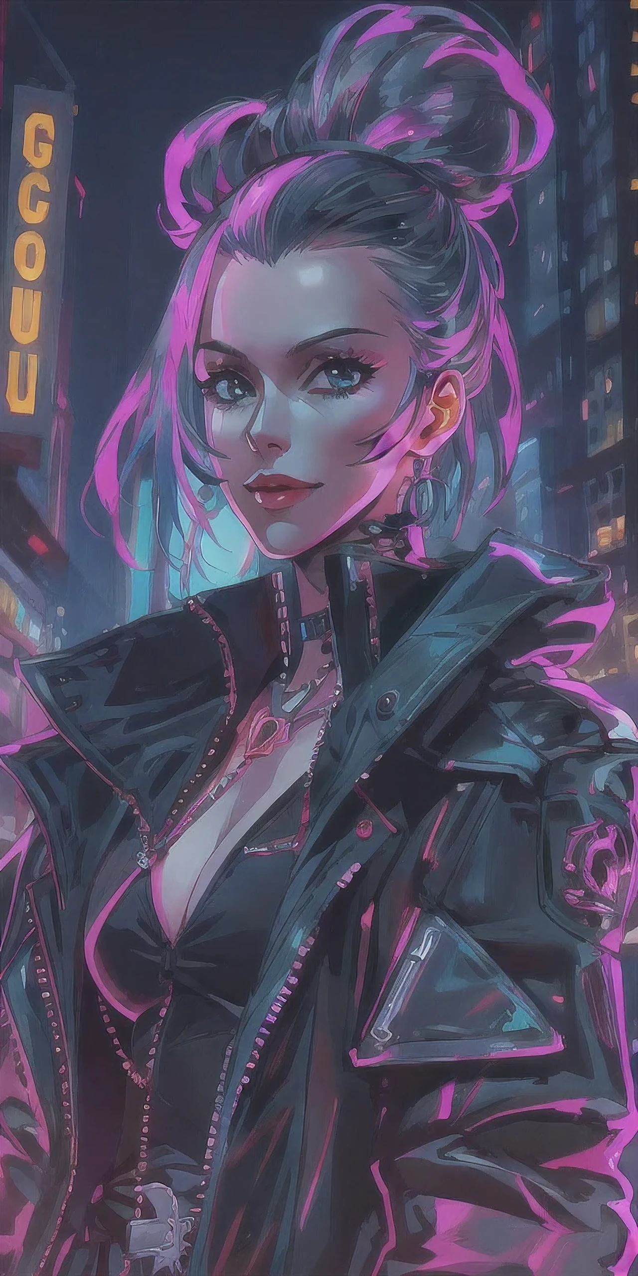 Una hermosa chica cyberpunk con una sonrisa demoníaca en una ciudad futurista iluminada con luces de neón., abrigo largo negro, camisa abierta, caja torácica detallada, cráneo, Iluminación profesional, Vistoso, ultra detallado, estilo animado, (mejor calidad,4k,8K,alta resolución,obra maestra:1.2),ultra detallado,(Realista,photoRealista,photo-Realista:1.37)