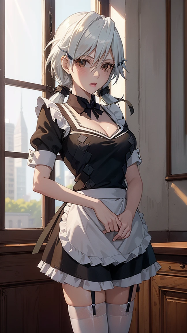 1 girl, natural light, Masterpiece, Highly detailed, illustration, CG game, nonsense, High quality, Beautifully detailed eyes, glossy lips, natural light, Medium bust, blonde hair, Low Twintails, smooth, hair between the eyes, Idol Catalyst, Ahiyori, maid, puffy short sleeves, white thigh highs, small maid apron, short hair