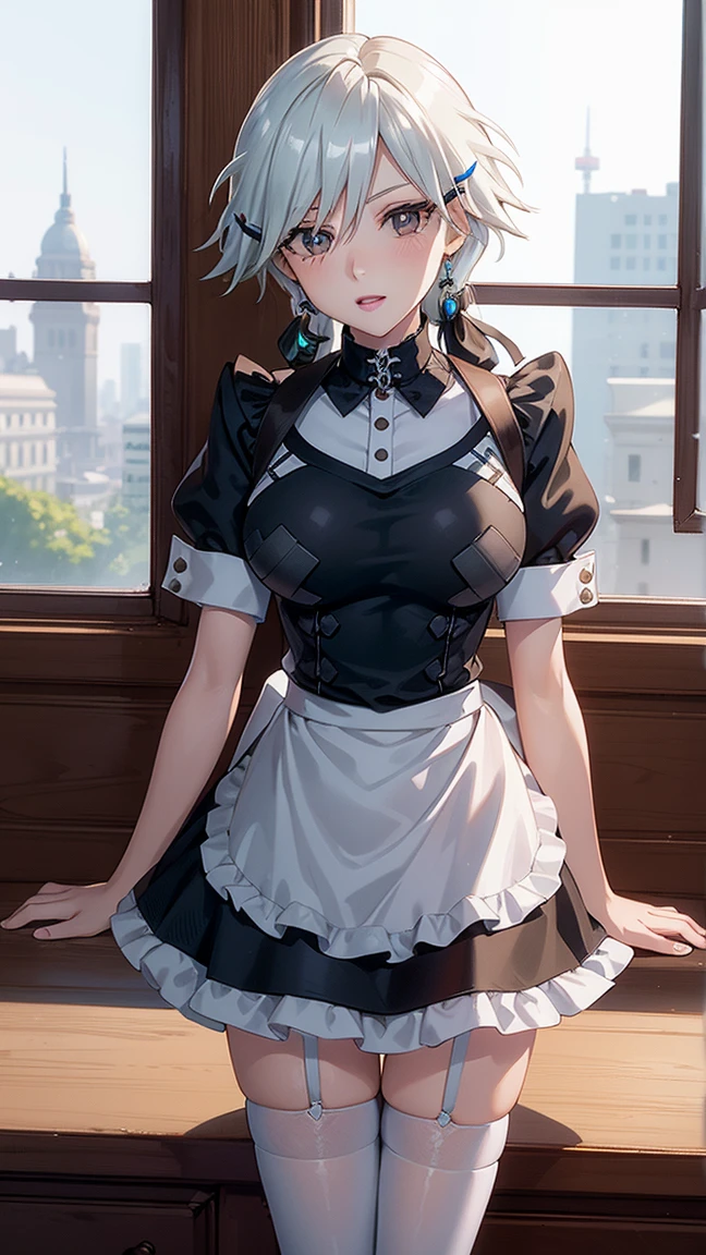 1 girl, natural light, Masterpiece, Highly detailed, illustration, CG game, nonsense, High quality, Beautifully detailed eyes, glossy lips, natural light, Medium bust, blonde hair, Low Twintails, smooth, hair between the eyes, Idol Catalyst, Ahiyori, maid, puffy short sleeves, white thigh highs, small maid apron, short hair