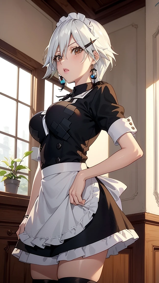 1 girl, natural light, Masterpiece, Highly detailed, illustration, CG game, nonsense, High quality, Beautifully detailed eyes, glossy lips, natural light, Medium bust, blonde hair, Low Twintails, smooth, hair between the eyes, Idol Catalyst, Ahiyori, maid, puffy short sleeves, white thigh highs, small maid apron, short hair