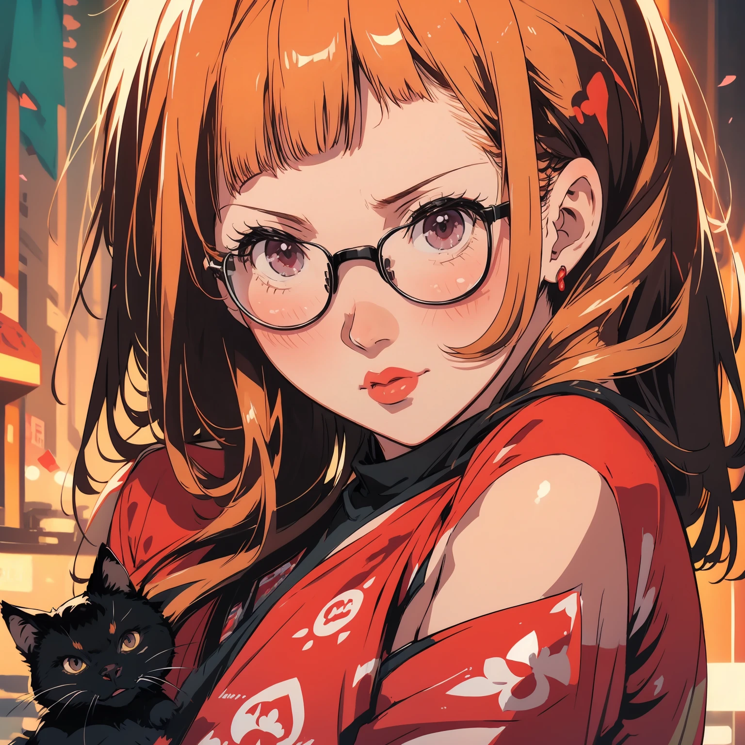 masutepiece, Best Quality, hight resolution, 1girl in, futaba sakura, Blunt bangs, eye glassesの,purple eyes , Ahoge,orange color hair、 eye glassesの, headphones, bura, Jacket, off shoulders, Fur trim, fur-trimmed jacket, Green jacket, Shorts, ,the golden hour,A smile that showed teeth、1black cat、tea shop、On the counter、Coffee、futaba sakura、Purple eyes、orange color hair、eye glasses、,​masterpiece、top-quality、Official art、illustratio、ligne claire、(Cool_Farbe)、perfect-composition、focal、acurate, Anatomically correct、 、hight resolution, Beautiful detailed glow, masutepiece*Portrait, 3D Face, Realistic, (masutepiece: 1.3), (max resolution: 1.2), (Ultra HDTV: 1.2), cinematric light, 8K resolution, phi ,​masterpiece、top-quality、Ultra Detail、(((shiny lips: 1.4)))Beautiful face, acurate, Anatomically correct, phiAlways detailed face and skin texture, Detailed eyes, Double eyelids, tThin eyebrows、 pale skin, Lustrous skin all over the body, Perfect face,Always detailed face and skin texture, Detailed eyes, Double eyelids, Thin eyebrows,Natural cheeks, Glossy skin, Fair skin: 1.2, (Glossy lips: 1.4), (((The most beautiful girl)))、(((beautiful a girl)))、（little blush）、（Beautiful face）、 Delicate and beautiful hair, Delicate and beautiful eyes and face, (Beautiful gorgeous cute western woman:1.3),)(((Very Beautiful face))))(((long lashes))))(((Circular twinkling eyes)))(((Glossy and glossy lips))) (((Cheeks with a slight reddish tinge:0.8)))(((Neat and straight nose bridge)))、(((Cowboy Shot)))crouching cowgirl,