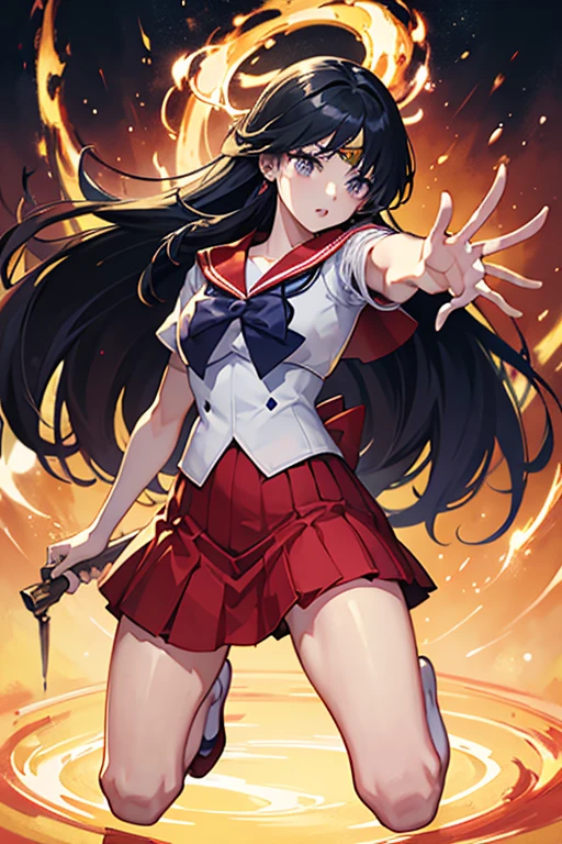 masterpiece, Highest quality, Absurd, Perfect Anatomy, One girl, alone, SM Mars, Very long hair, Parted bangs, Sailor Warrior Uniforms, Red Sailor Collar, Red Skirt, Elbow hand pockets, Get down on one knee、Sailor Warrior Uniformsが切り刻まれている、The skirt is chopped up、Crippling、Both hands tied with rope、I have a lot of injuries、engulfed in flames、Continued one-sided attacks、