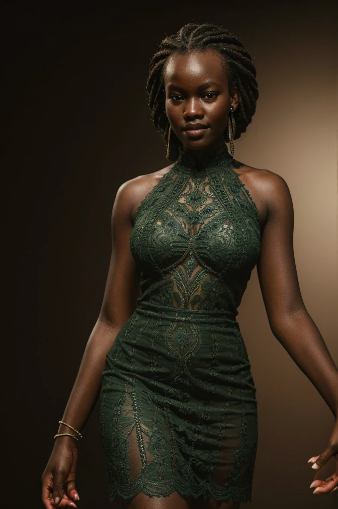 A beautiful ajak deng, woman with braided hair, wearing a green Victorian lace dress, with wide hips, smiling passionately, photorealistic, high detail, (best quality,4k,8k,highres,masterpiece:1.2),ultra-detailed,(realistic,photorealistic,photo-realistic:1.37),HDR,UHD,studio lighting,ultra-fine painting,sharp focus,physically-based rendering,extreme detail description,professional,vivid colors,bokeh,portrait