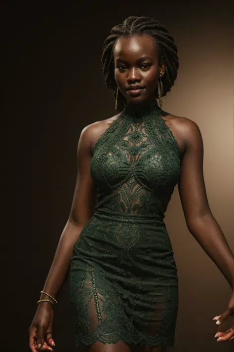 A beautiful ajak deng, woman with braided hair, wearing a green Victorian lace dress, with wide hips, smiling passionately, phot...