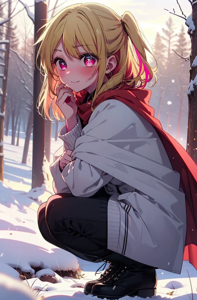 rubyhoshino, Hoshino Ruby, Long Hair, bangs, Blonde, (Pink Eyes:1.3), Side Lock, (Symbol-shaped pupil:1.5), Multicolored Hair, Two-tone hair, smile,,smile,blush,White Breath,
Open your mouth,snow,Ground bonfire, Outdoor, boots, snowing, From the side, wood, suitcase, Cape, Blurred, , forest, White handbag, nature,  Squat, Mouth closed, Cape, winter, Written boundary depth, Black shoes, red Cape break looking at viewer, Upper Body, whole body, break Outdoor, forest, nature, break (masterpiece:1.2), Highest quality, High resolution, unity 8k wallpaper, (shape:0.8), (Beautiful and beautiful eyes:1.6), Highly detailed face, Perfect lighting, Highly detailed CG, (Perfect hands, Perfect Anatomy),