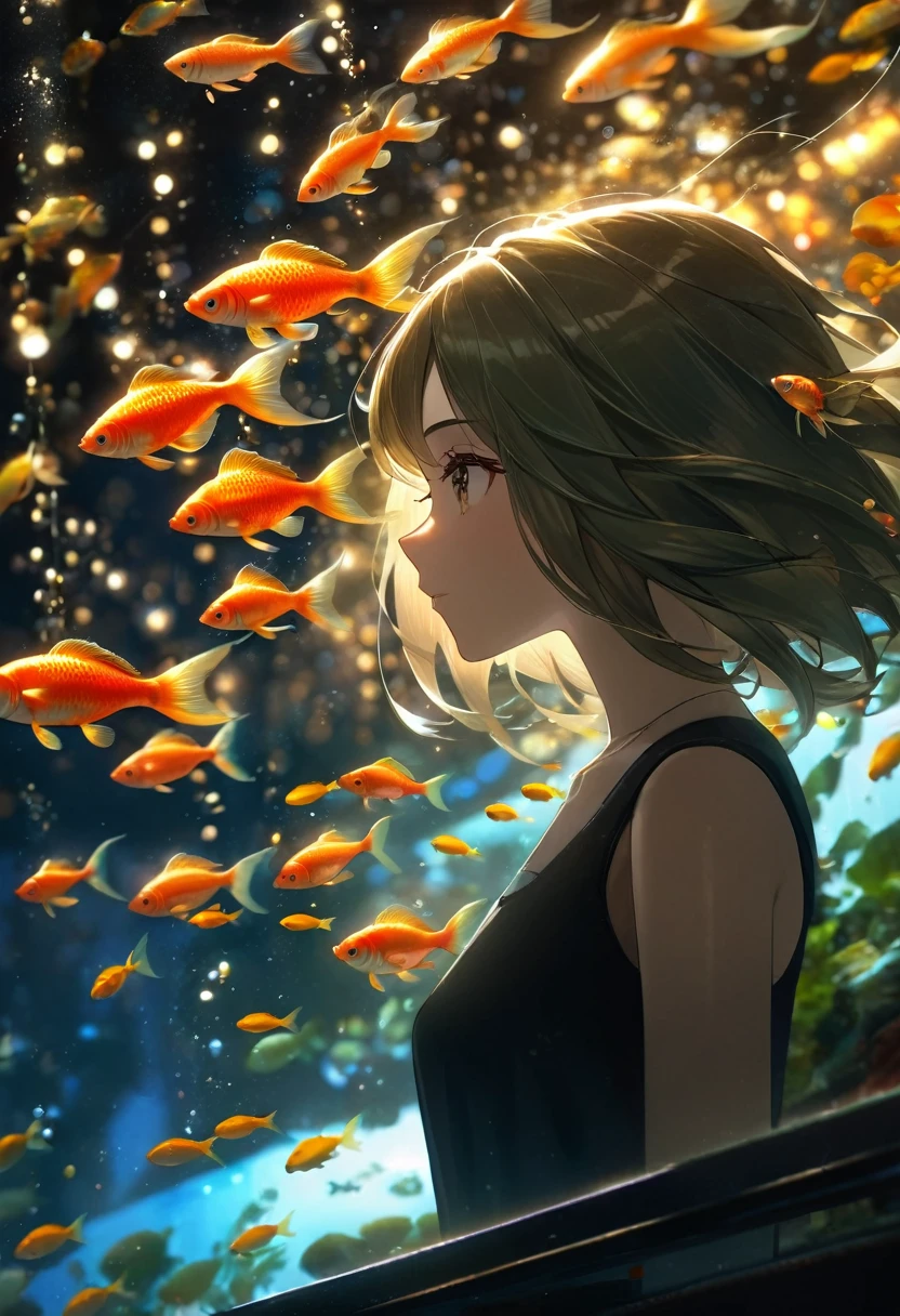 Uma linda senhora, corte de cabelo bob, assistindo peixe dourado no aquário, perfil lateral, detalhe extremo, cinematic, iluminação cinematográfica, bokeh, muito realista, foco no rosto