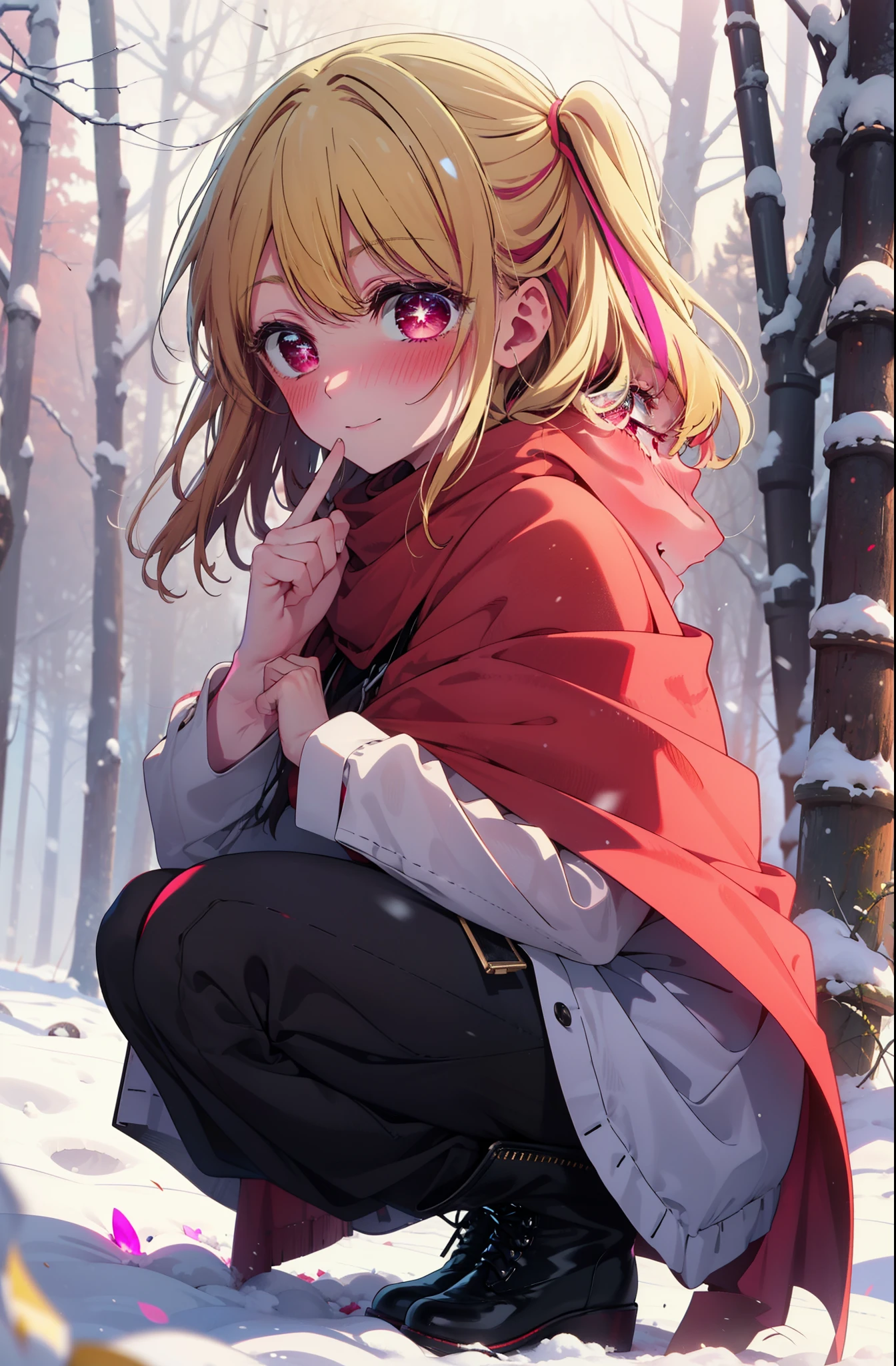 rubyhoshino, Hoshino Ruby, Long Hair, bangs, Blonde, (Pink Eyes:1.3), Side Lock, (Symbol-shaped pupil:1.5), Multicolored Hair, Two-tone hair, smile,,smile,blush,White Breath,
Open your mouth,snow,Ground bonfire, Outdoor, boots, snowing, From the side, wood, suitcase, Cape, Blurred, , forest, White handbag, nature,  Squat, Mouth closed, Cape, winter, Written boundary depth, Black shoes, red Cape break looking at viewer, Upper Body, whole body, break Outdoor, forest, nature, break (masterpiece:1.2), Highest quality, High resolution, unity 8k wallpaper, (shape:0.8), (Beautiful and beautiful eyes:1.6), Highly detailed face, Perfect lighting, Highly detailed CG, (Perfect hands, Perfect Anatomy),