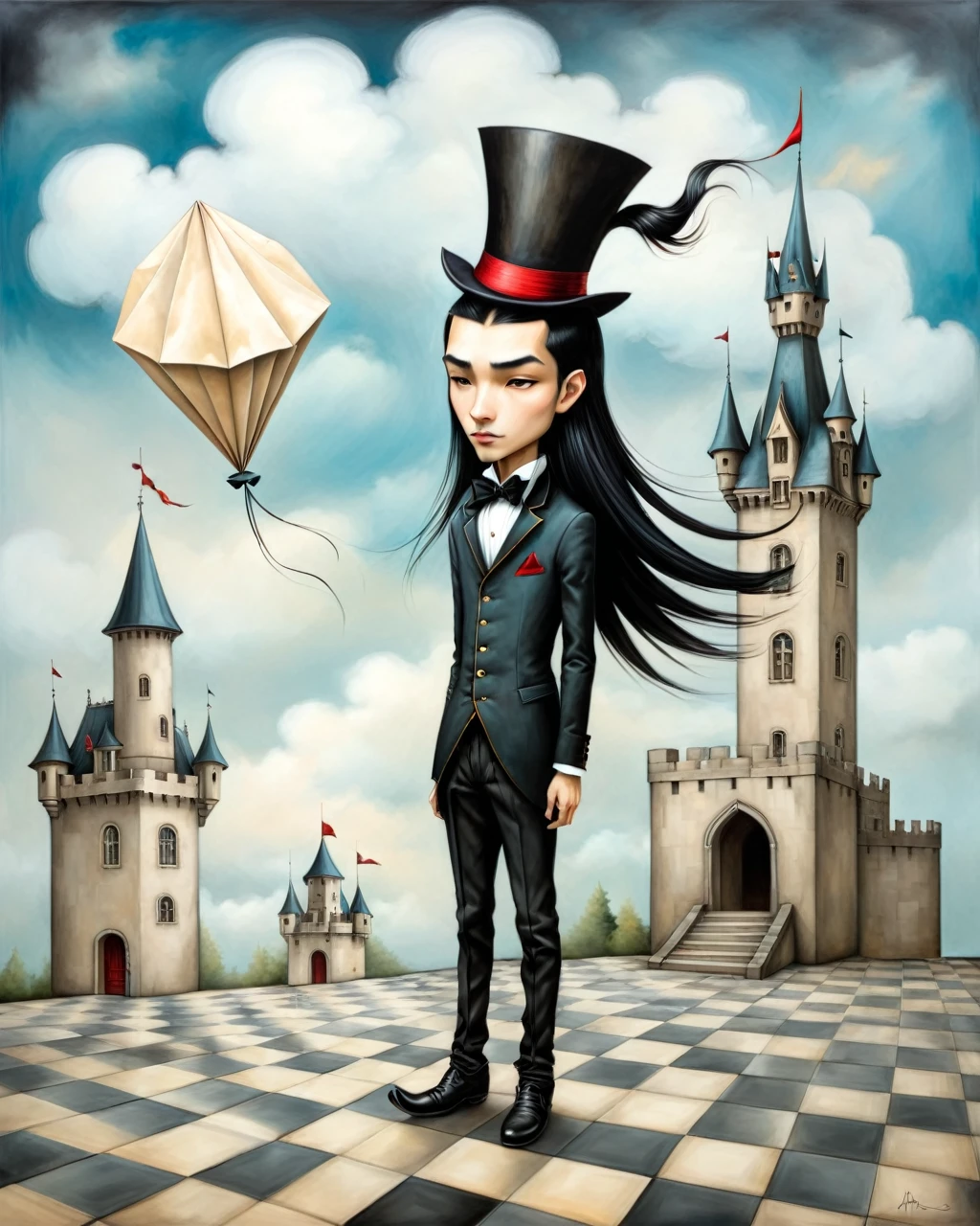 painting of a boy with top hat native american big nose long black hair standing in a courtyard castle on a cloud castle in the sky, mansion checkered floor origami style in the style of esao andrews,esao andrews style,esao andrews art,esao andrewsa  esao andrews, andrews esao artstyle, inspired by Esao Andrews, esao andrews ornate, by Esao Andrews, esao andrews, inspired by ESAO, by ESAO,  earley, esao andrews, benjamin lacombe, 1boy, in the style of esao andrews, esao andrews . paper art, pleated paper, folded, origami art, pleats, cut and fold, 