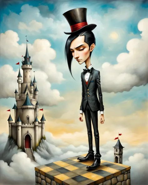 painting of a boy with top hat native american big nose long black hair standing in a courtyard castle on a cloud castle in the ...