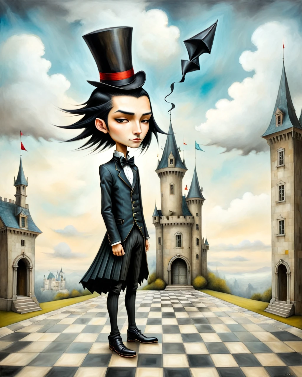 painting of a boy with top hat native american big nose long black hair standing in a courtyard castle on a cloud castle in the sky, mansion checkered floor origami style in the style of esao andrews,esao andrews style,esao andrews art,esao andrewsa  esao andrews, andrews esao artstyle, inspired by Esao Andrews, esao andrews ornate, by Esao Andrews, esao andrews, inspired by ESAO, by ESAO,  earley, esao andrews, benjamin lacombe, 1boy, in the style of esao andrews, esao andrews . paper art, pleated paper, folded, origami art, pleats, cut and fold, 