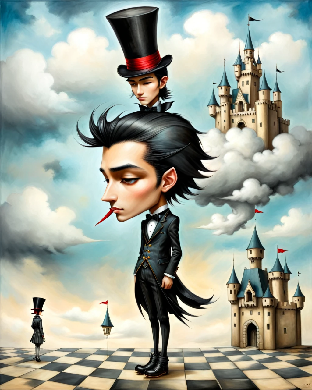 painting of a boy with top hat native american big nose long black hair standing in a courtyard castle on a cloud castle in the sky, mansion checkered floor origami style in the style of esao andrews,esao andrews style,esao andrews art,esao andrewsa  esao andrews, andrews esao artstyle, inspired by Esao Andrews, esao andrews ornate, by Esao Andrews, esao andrews, inspired by ESAO, by ESAO,  earley, esao andrews, benjamin lacombe, 1boy, in the style of esao andrews, esao andrews . paper art, pleated paper, folded, origami art, pleats, cut and fold, 