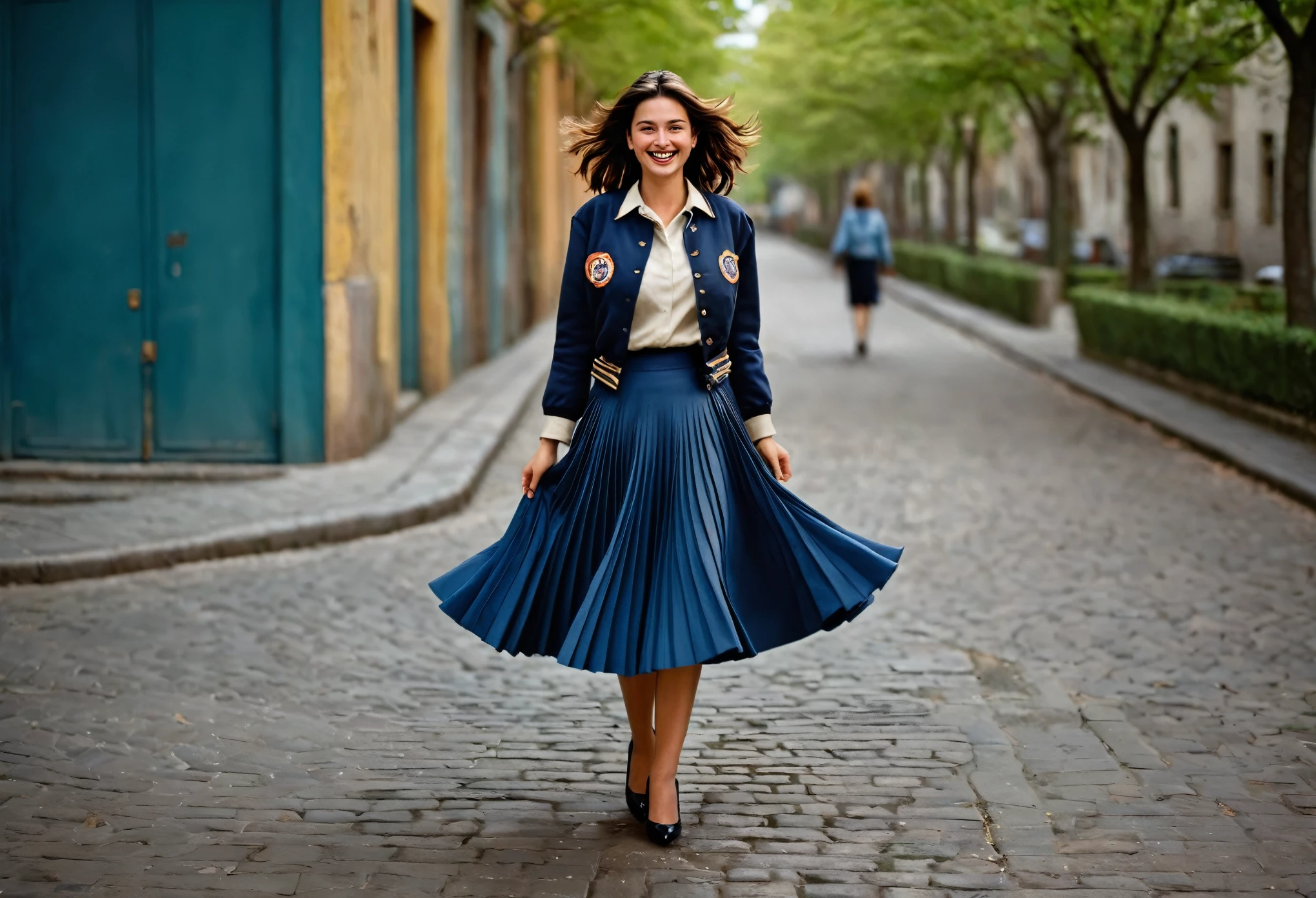 A smiling, authentic, (shy:1,3), kind, beautiful woman, is passionately in love with her skirt, wind wildly lifts her skirt, wearing uniform jacket and very, very detailed (long (fully pleated) full circle skirt) and (low heeled court shoes), very, very intricate hyper-detailed symmetric (attractive graceful young feminine face) with (sad, tired eyes and a loving smile), very voluptuous breasts, full of empathy and compassion and love, (pronounced (feminine) features), (highly detailed ultra accurate realistic) hands and fingers, (windy), epic composition, highly detailed attributes, (35mm f1.4 Kodak portra 400 photograph), extremely high quality RAW photograph, highly detailed atmosphere, sci-fi, cinematic shot, dynamic lighting, 75mm, Technicolor, Panavision, cinemascope, sharp focus, fine details, 8k, HDR, realism, realistic, key visual, film still, superb cinematic color grading, depth of field