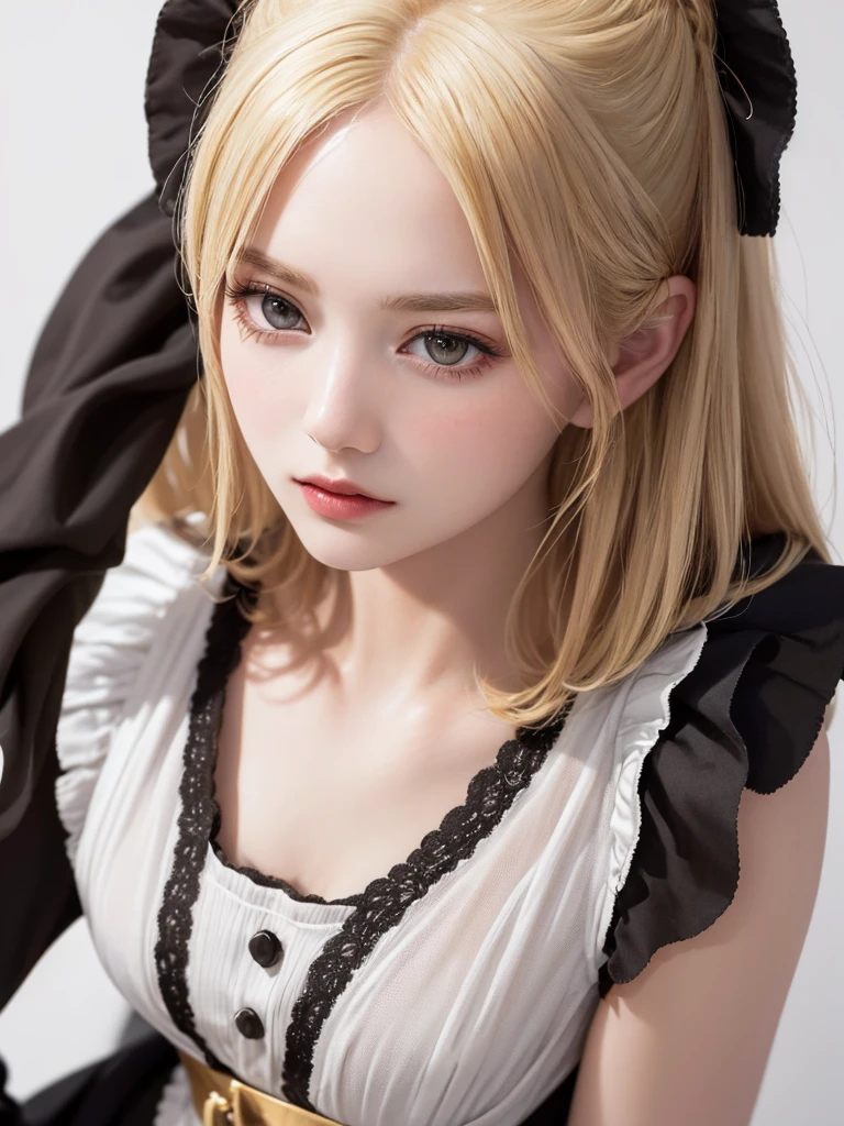 (Highest quality、8K、32k、masterpiece)、(Realistic)、(Realistic:1.2)、(High resolution)、Very detailed、Very beautiful face and eyes、1 Girl、Round and small face、Tight waist、Delicate body、(close、Highest quality、Attention to detail、Rich skin detail)、(Highest quality、8K、Oil paint:1.2)、Very detailed、(Realistic、Realistic:1.37)、Bright colors、(((blonde)))、(((Bust Shot)))、(((Long Hair)))、(((White wall background)))、(((White wall background)))、(((黒のMaid clothes)))、(((Also々Has a cunning look)))、(((Serious face)))、(((Maid clothes)))、(((Look straight ahead)))、(((Long golden hair)))、(((Teeth are visible)))、