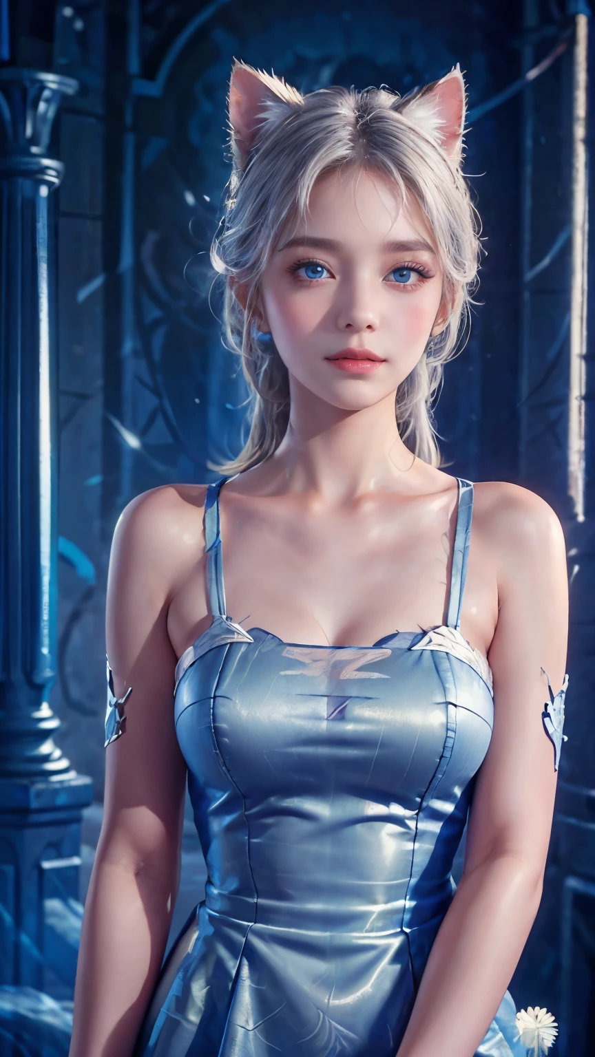 (masterpiece: 1.2, best quality), (The real situation, Intricate details), 1 female, solitary, Upper Body, Random, Shoulder-length hair, Minimalist makeup, Natural fabrics, Close-up of face, Smile, Home, White hair, blue eyes, Cat ears,