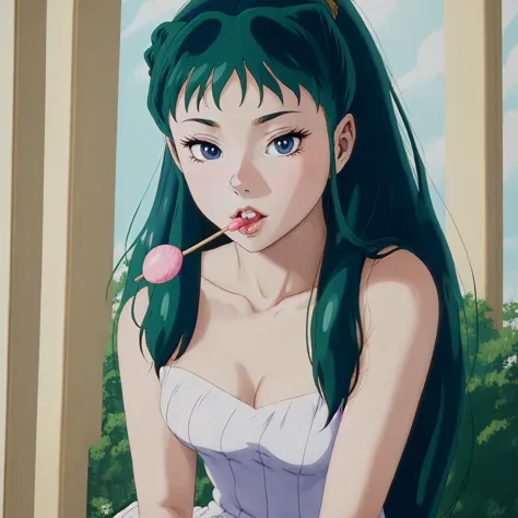 lum, solo, sitting on a tree, holding a lollipop, licking the lollipop, experiencing bliss, 1girl, beautiful detailed eyes, beau...