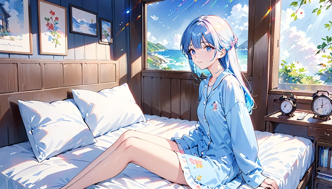 Beautiful colors,sketch,watercolor,By fuzichoco,merry (Yanmar gauge),From wlop,((Great quality)),One girl,(got it (Blue Archive)),(Beautiful legs),Sitting,music,Upper body rest (Beautiful colors,detailed,Highest quality,Great quality,so beautiful),pajamas,bed,Cowboy Shot,(Ray Tracing),Depth of written boundary,Lighting and Shadows,(perspective),Lighting particles,colorful,masterpiece,