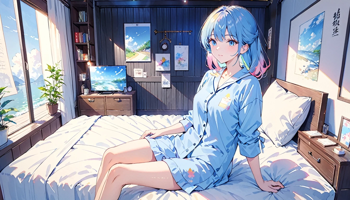 Beautiful colors,sketch,watercolor,By fuzichoco,merry (Yanmar gauge),From wlop,((Great quality)),One girl,(got it (Blue Archive)),(Beautiful legs),Sitting,music,Upper body rest (Beautiful colors,detailed,Highest quality,Great quality,so beautiful),pajamas,bed,Cowboy Shot,(Ray Tracing),Depth of written boundary,Lighting and Shadows,(perspective),Lighting particles,colorful,masterpiece,