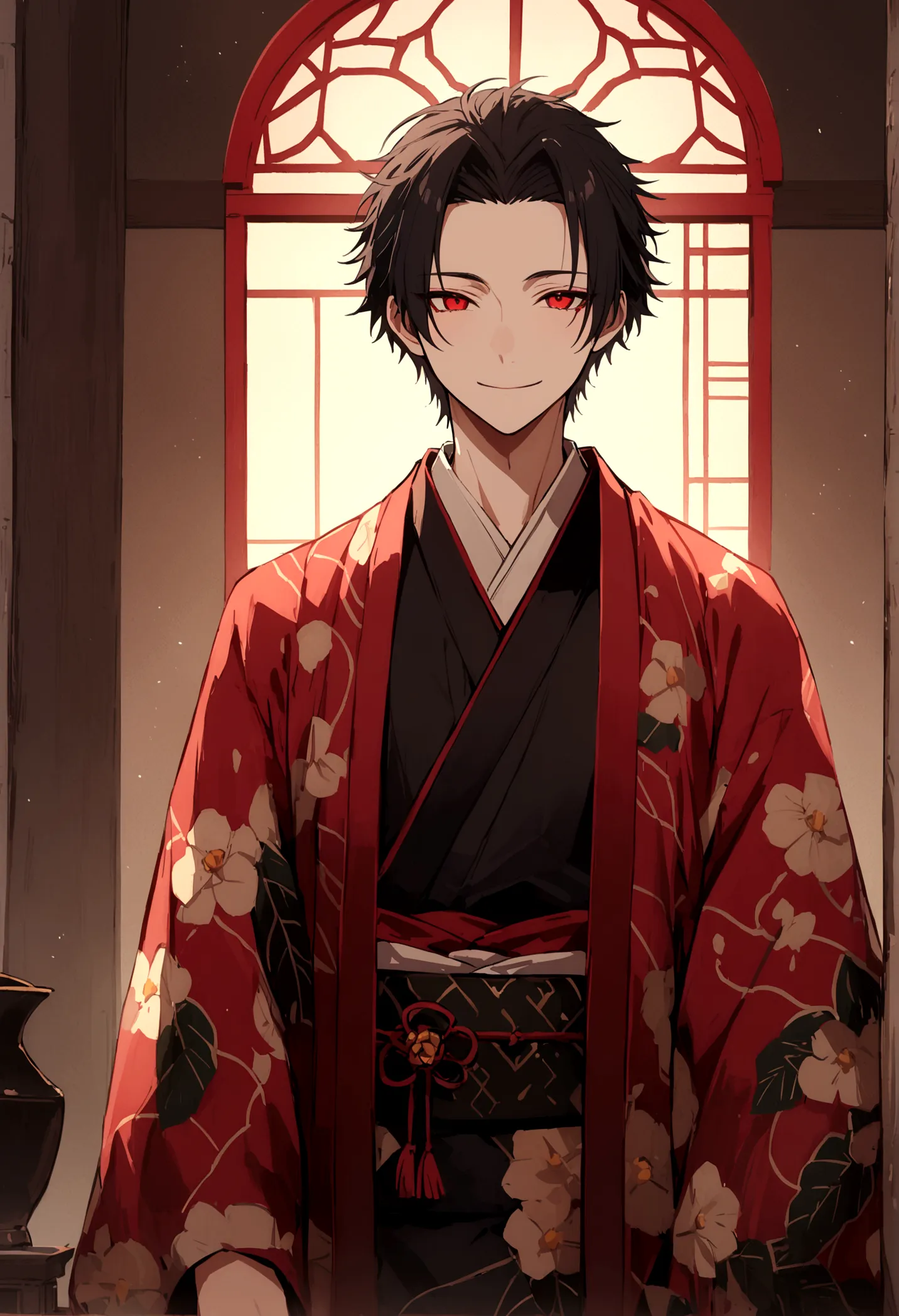 ((red eyes))、引きつけるred eyes、smile、crimson eyes、beautiful man、1 person、neutral、black hair、(red eyes)、kimono with camellia pattern、...